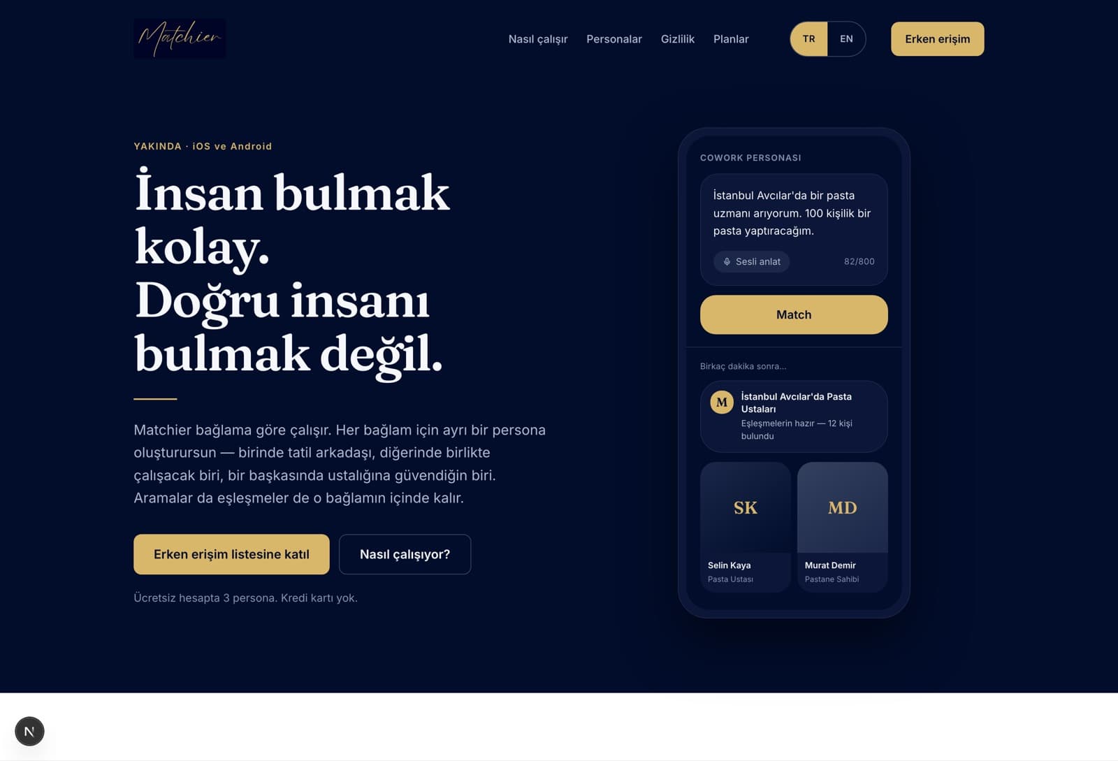 Matchier tanıtım sayfası ve persona ekranı